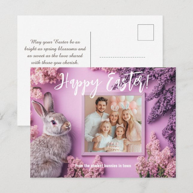 Postal Festiva 🐰 🥚 🌸 Personalizable Hoppy Lilac Dreams (Anverso / Reverso)