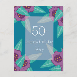 Postal Festiva personalizado 50 cumpleaños floral nombre azul mod