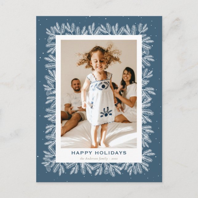 Postal Festiva Personalizado Blue Rustic Pine Snow Happy (Anverso)