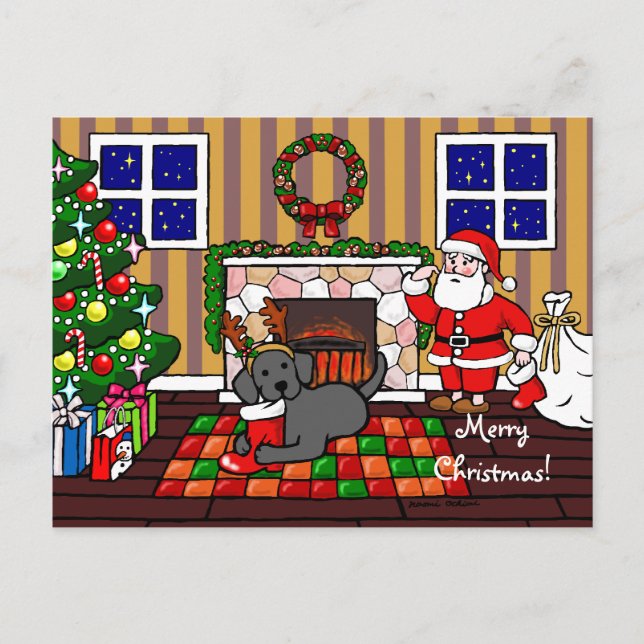Postal Festiva Personalizado de Labrador Negro y Navidades Santa (Anverso)