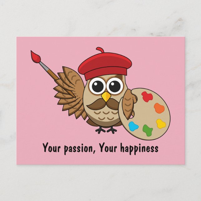 Postal Festiva Personalizado de Lechuza Cute Painter | Añadir un  (Anverso)