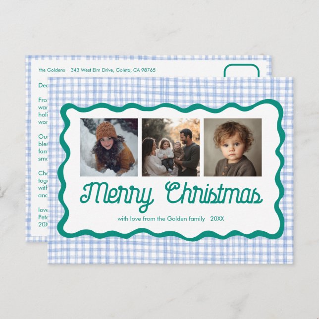 Postal Festiva Personalizado de Navidades Gingham Wavy Blue Green (Anverso / Reverso)