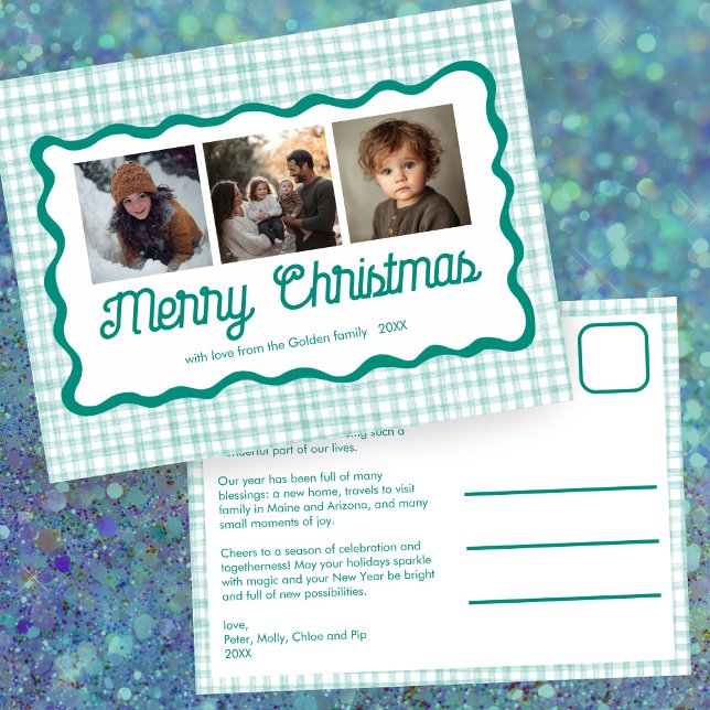 Postal Festiva Personalizado de Navidades Gingham Wavy Green 3 Fo (Gingham Wavy Green Christmas Custom 3 Photo Holiday Postcard
)