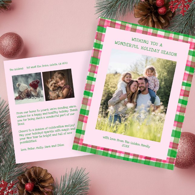 Postal Festiva Personalizado de Navidades rosados de color platea (Watercolor Plaid Pink Christmas Custom 3 Photo Holiday Postcard
)
