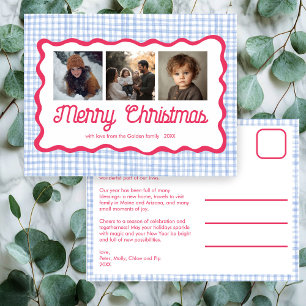 Postal Festiva Personalizado de Navidades rosados de Gingham Wavy