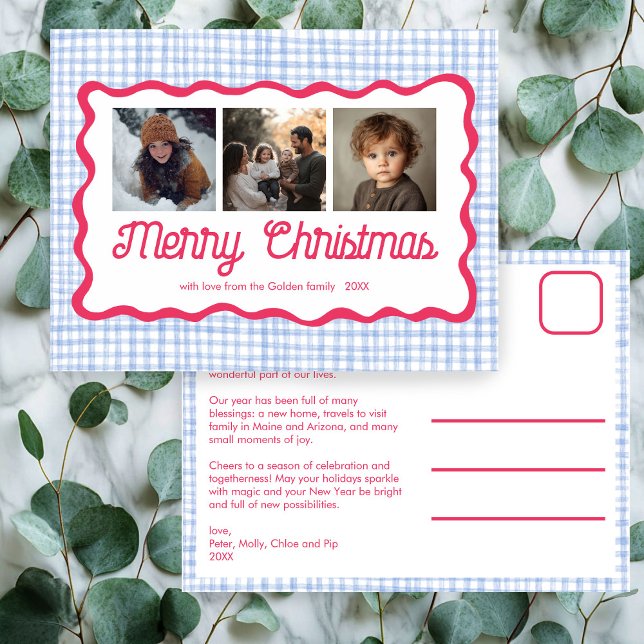 Postal Festiva Personalizado de Navidades rosados de Gingham Wavy (Gingham Wavy Pink Blue Preppy Cute Chic Christmas Custom 3 Photo Holiday Postcard
)