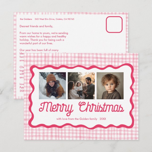 Postal Festiva Personalizado de Navidades rosados Gingham Wavy 3  (Anverso / Reverso)