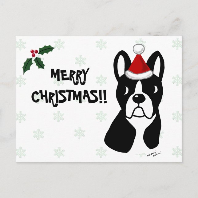 Postal Festiva Personalizado de Navidades Terrier de Boston Snowf (Anverso)