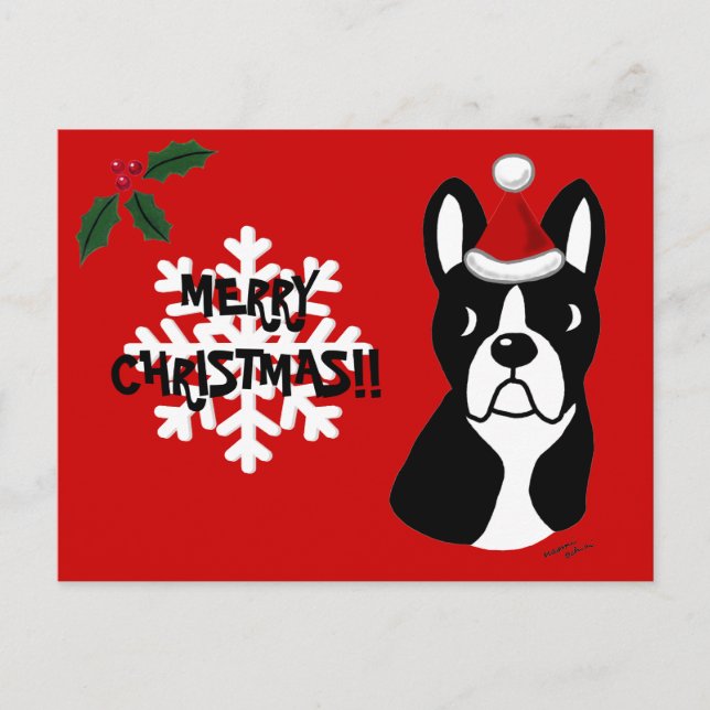 Postal Festiva Personalizado de Navidades Terrier de Boston Snowf (Anverso)
