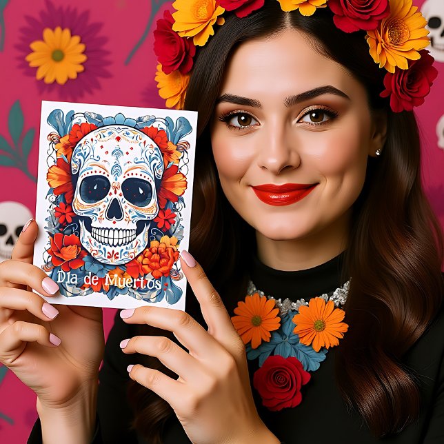 Postal Festiva Personalizado de texto azul y rojo Día de Muertos (Custom text blue and red Día de Muertos Holiday Postcard)