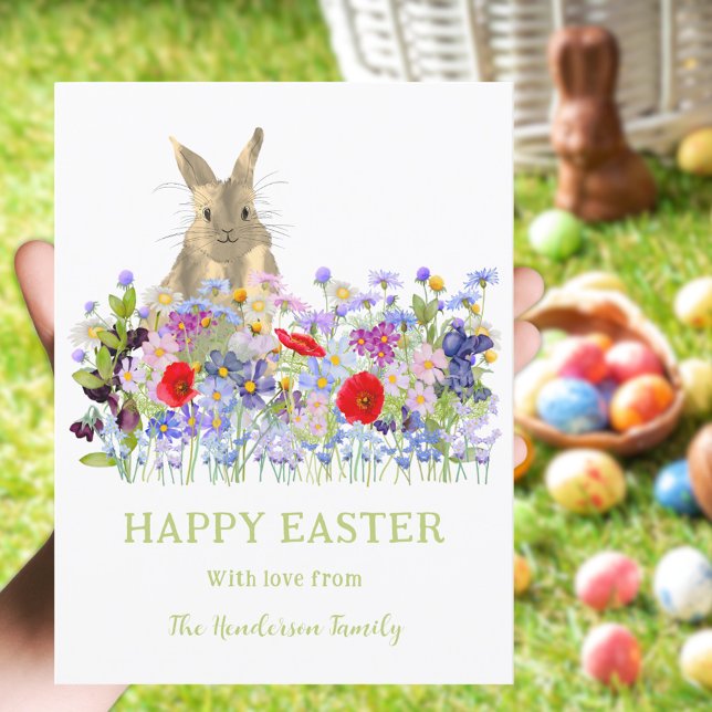 Postal Festiva Personalizado Feliz Pascua de Conejo y Flores Silv (Happy Easter bunny and watercolor wildflowers custom holiday postcard )