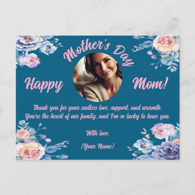 Postal Festiva Personalizado foto Floral acuarela del Día de la M (Anverso)