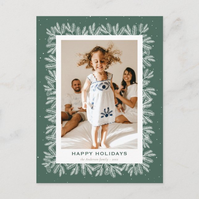 Postal Festiva Personalizado Green Rustic Pine Snow Happy (Anverso)
