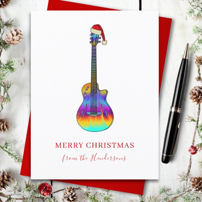 Postal Festiva Personalizado Guitarra navidades (Christmas guitar custom holiday greetings card fun colorful electric guitar wearing a santa hat)