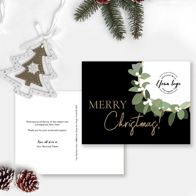 Postal Festiva Personalizado Merry Christmas Company Logo Gold Wr (Customizable logo, message, business name, return address Holiday Corporate card.)