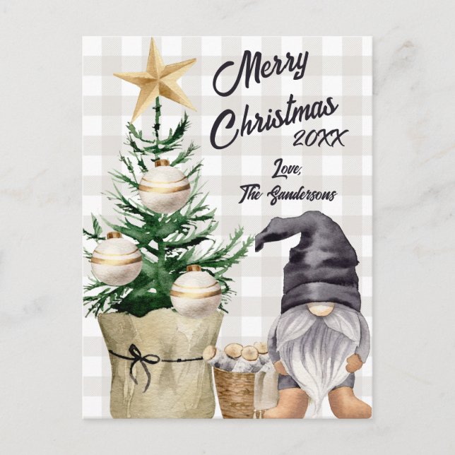 Postal Festiva Personalizado Merry Christmas Watercolor Gnome Pla (Anverso)