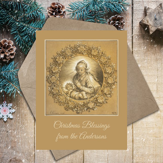 Postal Festiva Personalizado Oro Navidades religiosos cristianos  (Custom Gold Religious Christian Catholic Christmas Nativity Scene Custom Holiday Postcard)