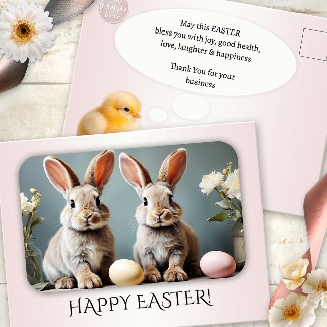 Postal Festiva Personalizado Photo Happy Easter Business (Happy Easter Thank You for your business postcard with custom photo and logo on soft pastel pink)