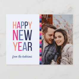 Postal Festiva Personalizado rayado foto de Año Nuevo morado rosa