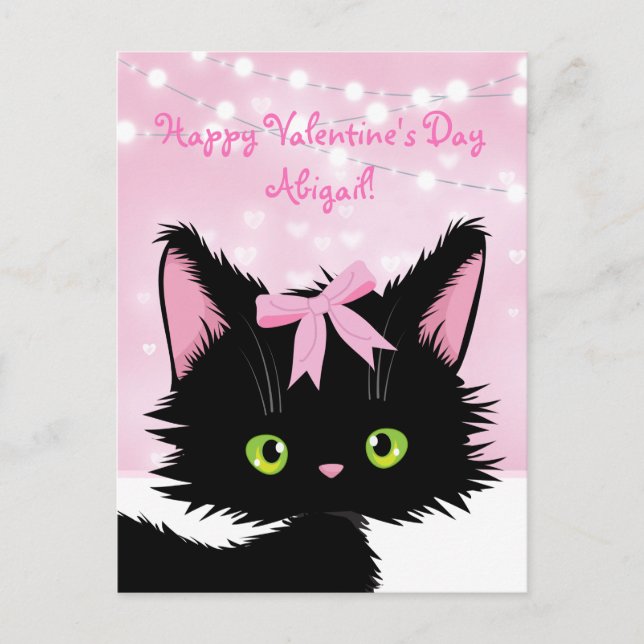 Postal Festiva Personalizar El día de San Valentín rosado de gati (Anverso)