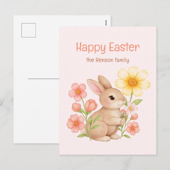 Postal Festiva Personalized Watercolor Bunny Happy Easter  (Anverso / Reverso)