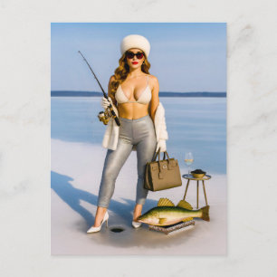 Postal Festiva Pesca en el hielo con caviar y champán glamorosa