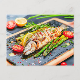 Postal Festiva Pescado a la parrilla con espárragos y tomates