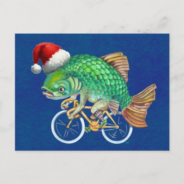 Postal Festiva Pescado En Una Bicicleta Con Sombrero De Santa (Anverso)