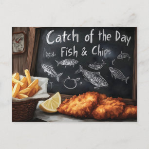 Postal Festiva Pescado y patatas clásicas y Ilustracion de pizarr