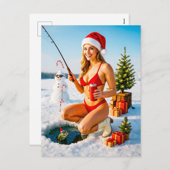 Postal Festiva Pescadores Chicas de Pin-Up en bikini rojo (Anverso / Reverso)