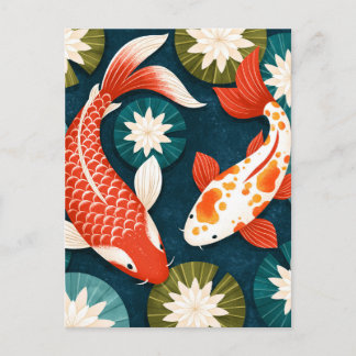 Postal Festiva Pez Koi Japonés Jardín Zen Flores de Loto