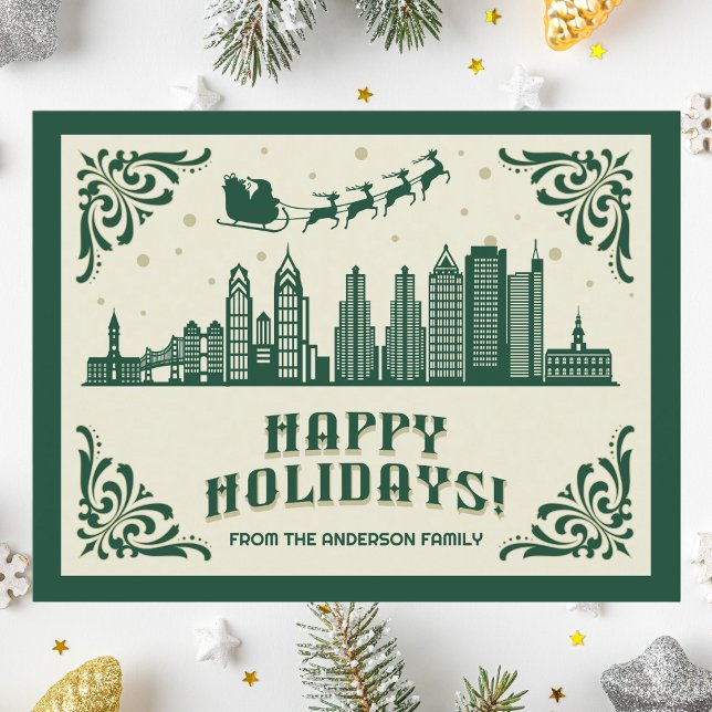 Postal Festiva Philadelphia PA Skyline Happy Holidays Postcard (Happy Holidays Philadelphia, PA skyline cityscape christmas postcard customizable real estate Santa )