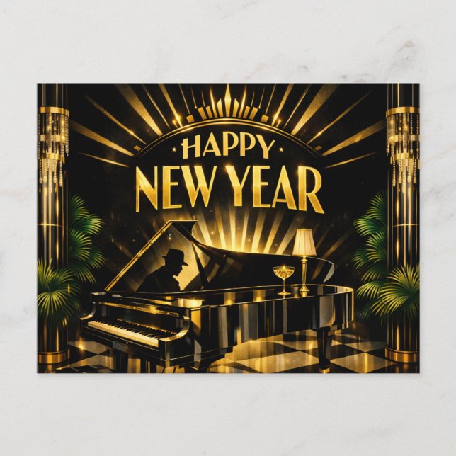 Postal Festiva Piano Art Deco Glamuroso Año Nuevo (Anverso)