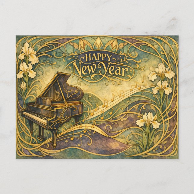 Postal Festiva Piano Art Nouveau Floral Feliz Año Nuevo (Anverso)