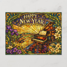 Postal Festiva Piano de Vidrio Pintado Floral Año Nuevo