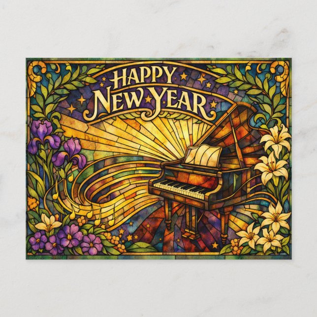Postal Festiva Piano de Vidrio Pintado Floral Año Nuevo (Anverso)