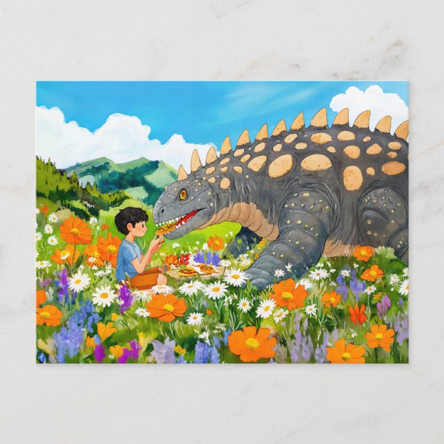 Postal Festiva Picnic de animadores con dinosaurios en pradera (Anverso)