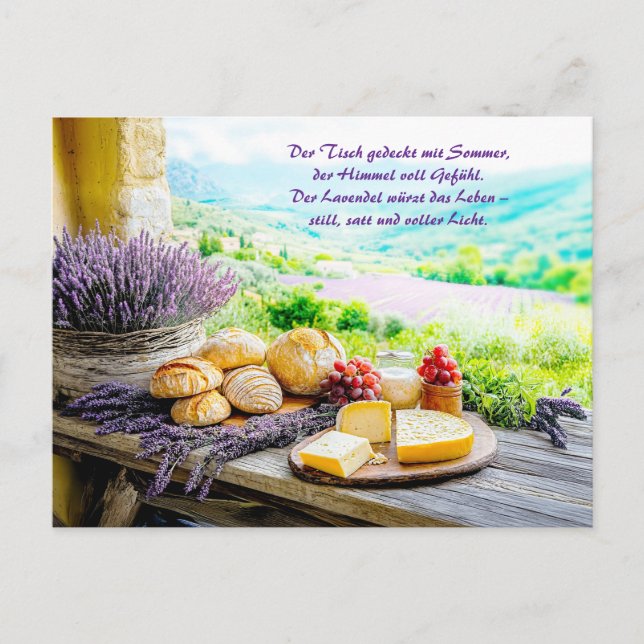 Postal Festiva Picnic de Lavanda con queso y pan (Anverso)