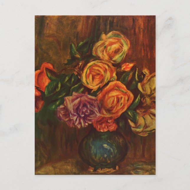 Postal Festiva Pierre Auguste Renoir con vida de Rosas (Anverso)