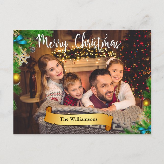 Postal Festiva Pine Bough Frame White Merry Christmas Photo (Anverso)