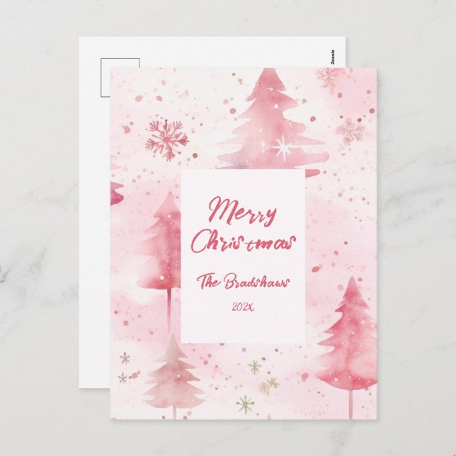 Postal Festiva Pine Trees Pink Christmas Postcard (Anverso / Reverso)