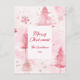 Postal Festiva Pine Trees Pink Christmas Postcard