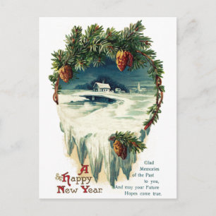 Postal Festiva Pinecones y Vignette de Invierno Año Nuevo