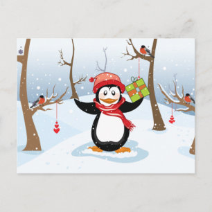 Postal Festiva Pingüino con paisaje del invierno del regalo del