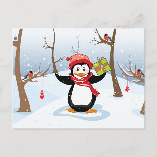 Postal Festiva Pingüino con paisaje del invierno del regalo del (Anverso)