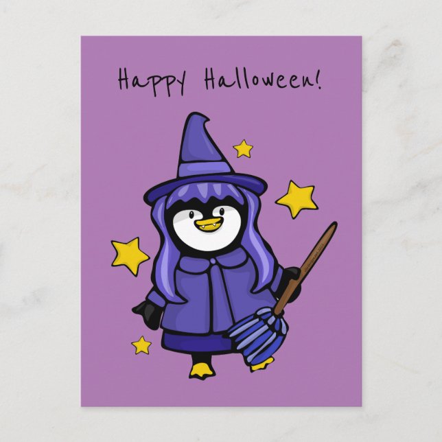 Postal Festiva Pingüino de Brujas de Halloween (Anverso)