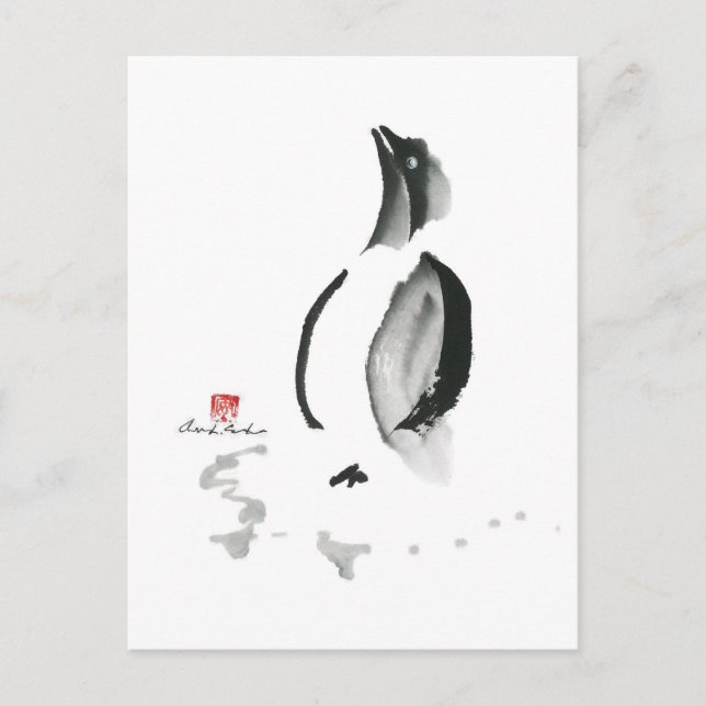 Postal Festiva Pingüino del navidad, Sumi-e (Anverso)