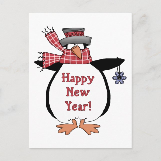 Postal Festiva Pingüino Feliz Año Nuevo (Anverso)