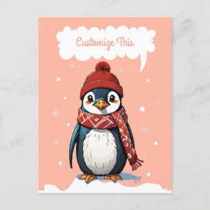 Postal Festiva Pingüino lindo con Beanie y bufanda en caída de ni