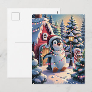 Postal Festiva Pingüino lindo de invierno nevado con sombrero de